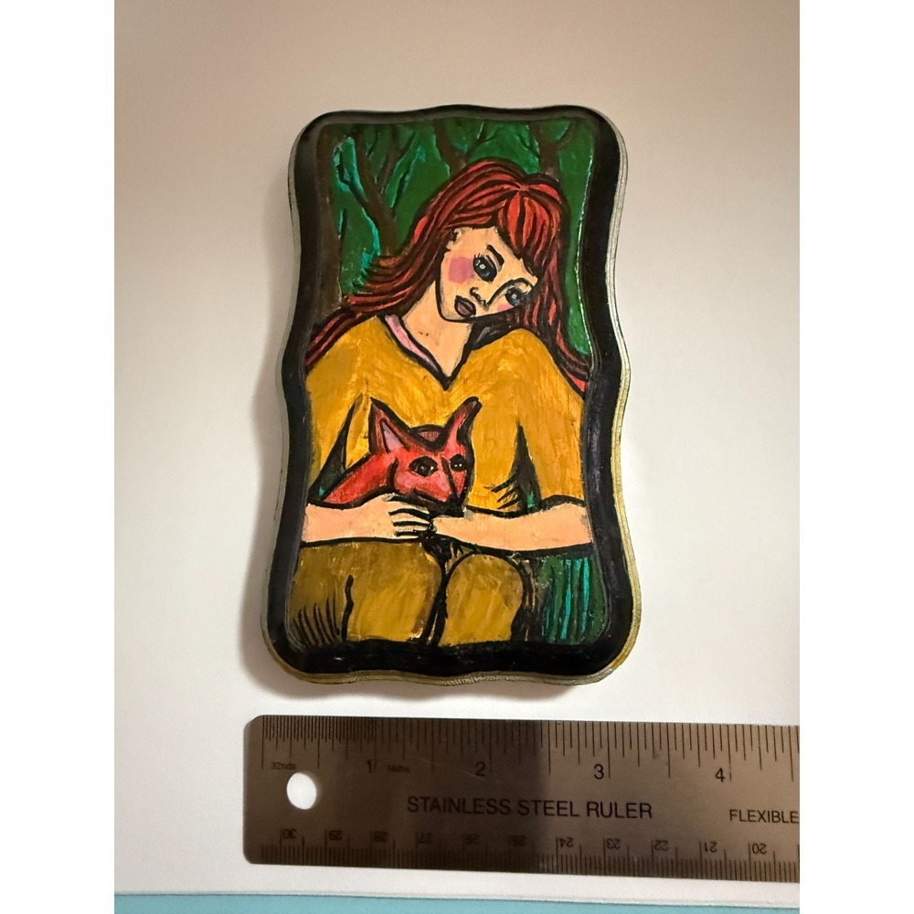 Girl with Fox - Original Painting by Janeane Wilbur on Wood 3" x 5.5" handmade - Picture 3 of 7